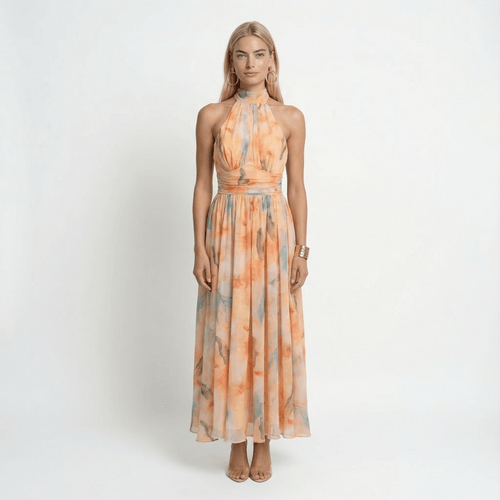 Watercolour Halter Maxi Dress Relaxed Fit Open Back Summer Holiday Beach