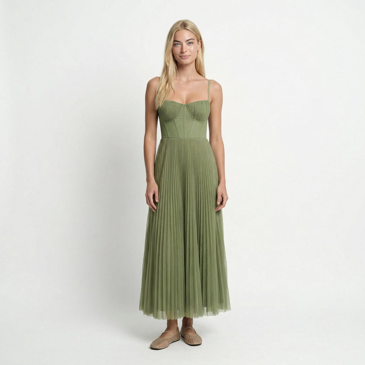 Pleated Fit And Flare Midi Dress Round Neck Elegant Wedding Cocktail Evening