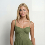 Pleated Fit And Flare Midi Dress Round Neck Elegant Wedding Cocktail Evening