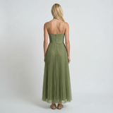 Pleated Fit And Flare Midi Dress Round Neck Elegant Wedding Cocktail Evening