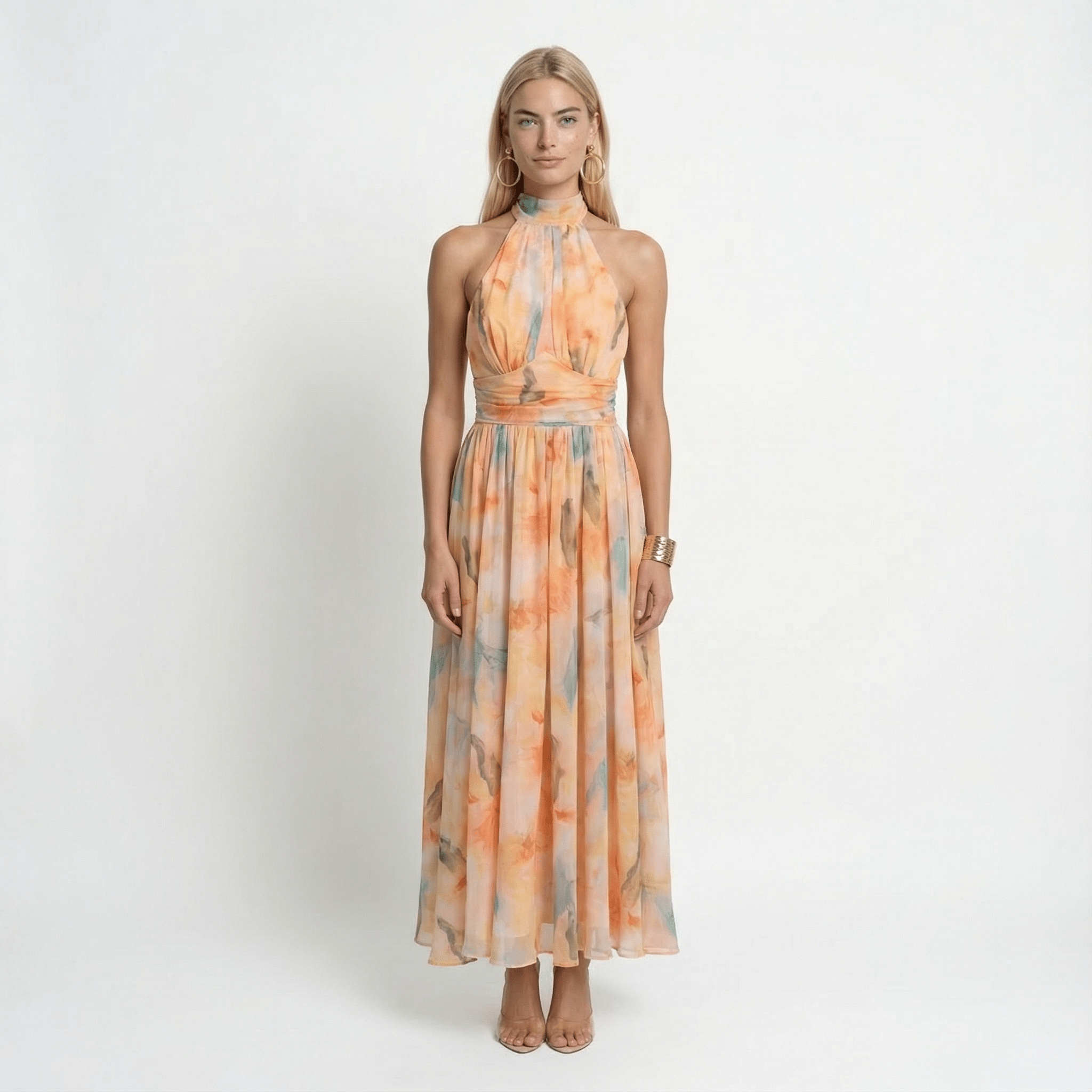 Watercolour Halter Maxi Dress Relaxed Fit Open Back Summer Holiday Beach - Walter & Rose