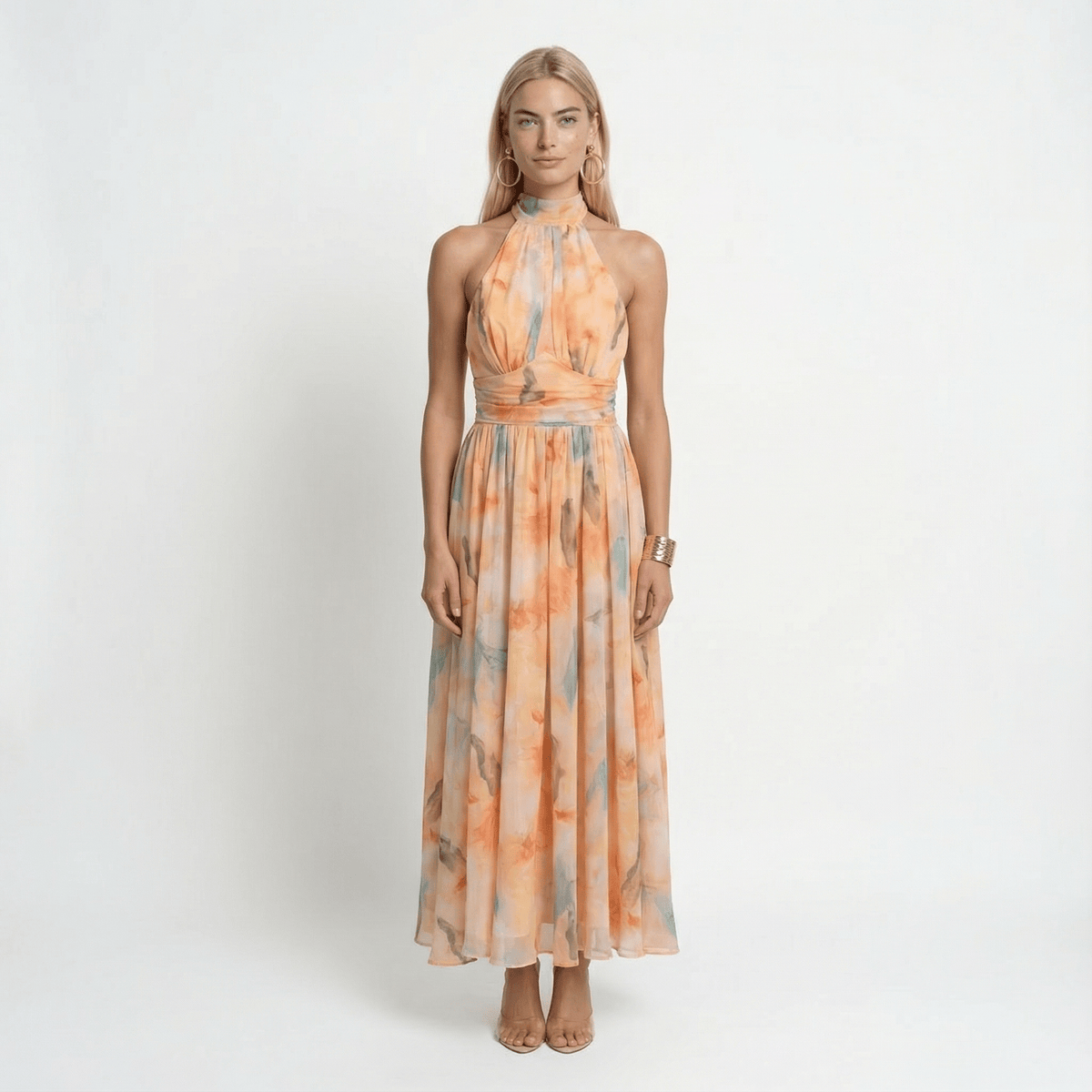 Watercolour Halter Maxi Dress Relaxed Fit Open Back Summer Holiday Beach - Walter & Rose